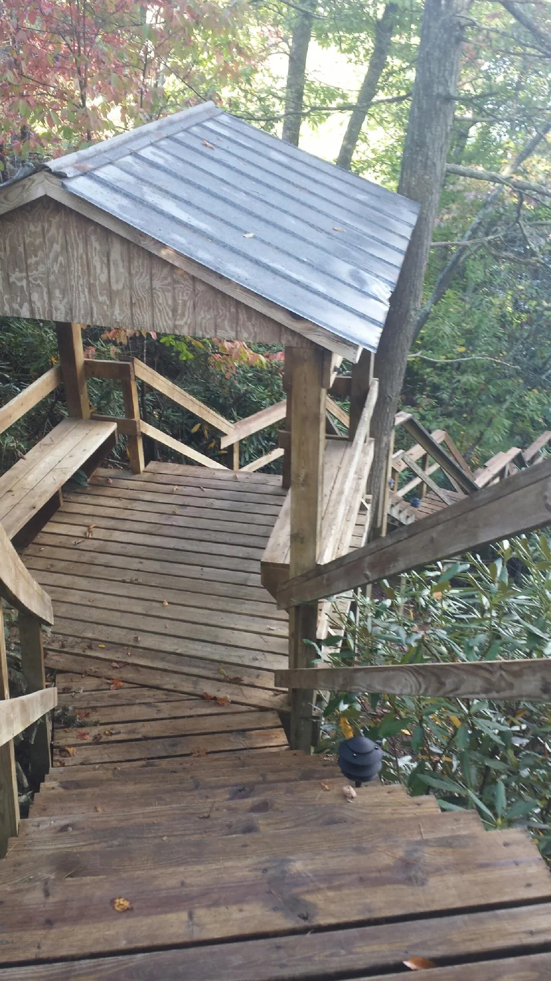 Metal roofed shelter over wooden steps on a wooded walkway — Skylight Repair & Installation work by our crew in Minnesota City